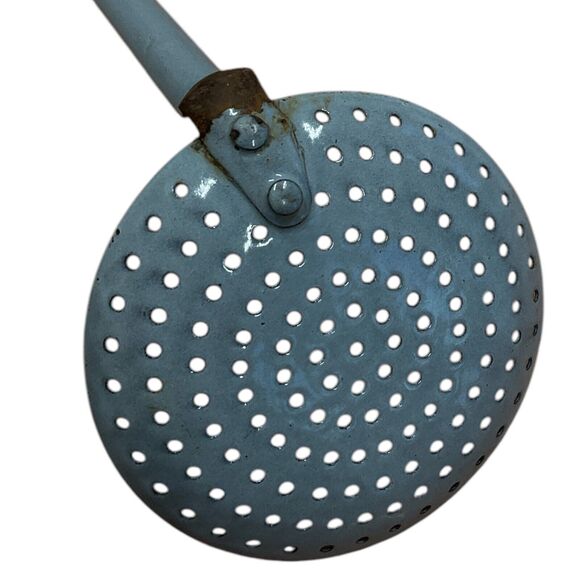 Gray Strainer Bent Skimmer Dipper Graniteware Enamel Handled Vintage Primitive - Picture 3 of 5